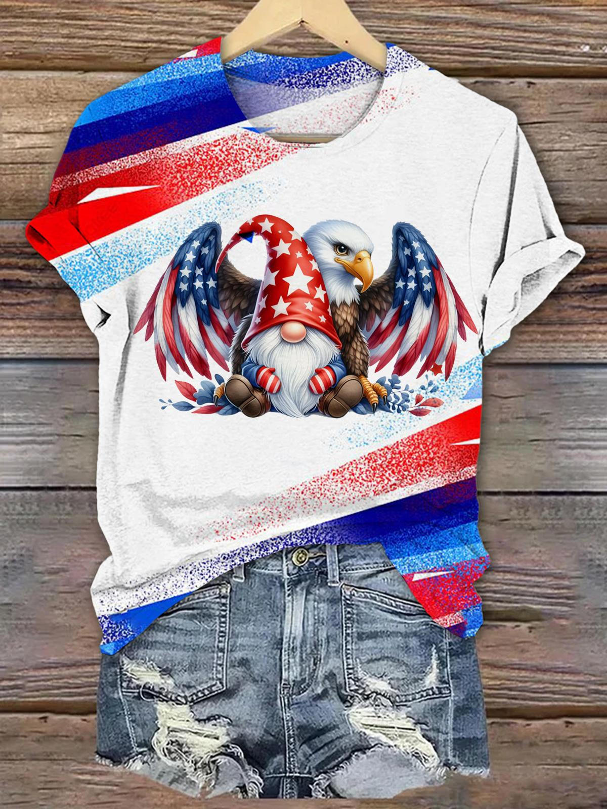 4th of July Gnome Eagle Printed Crew Neck T-shirt