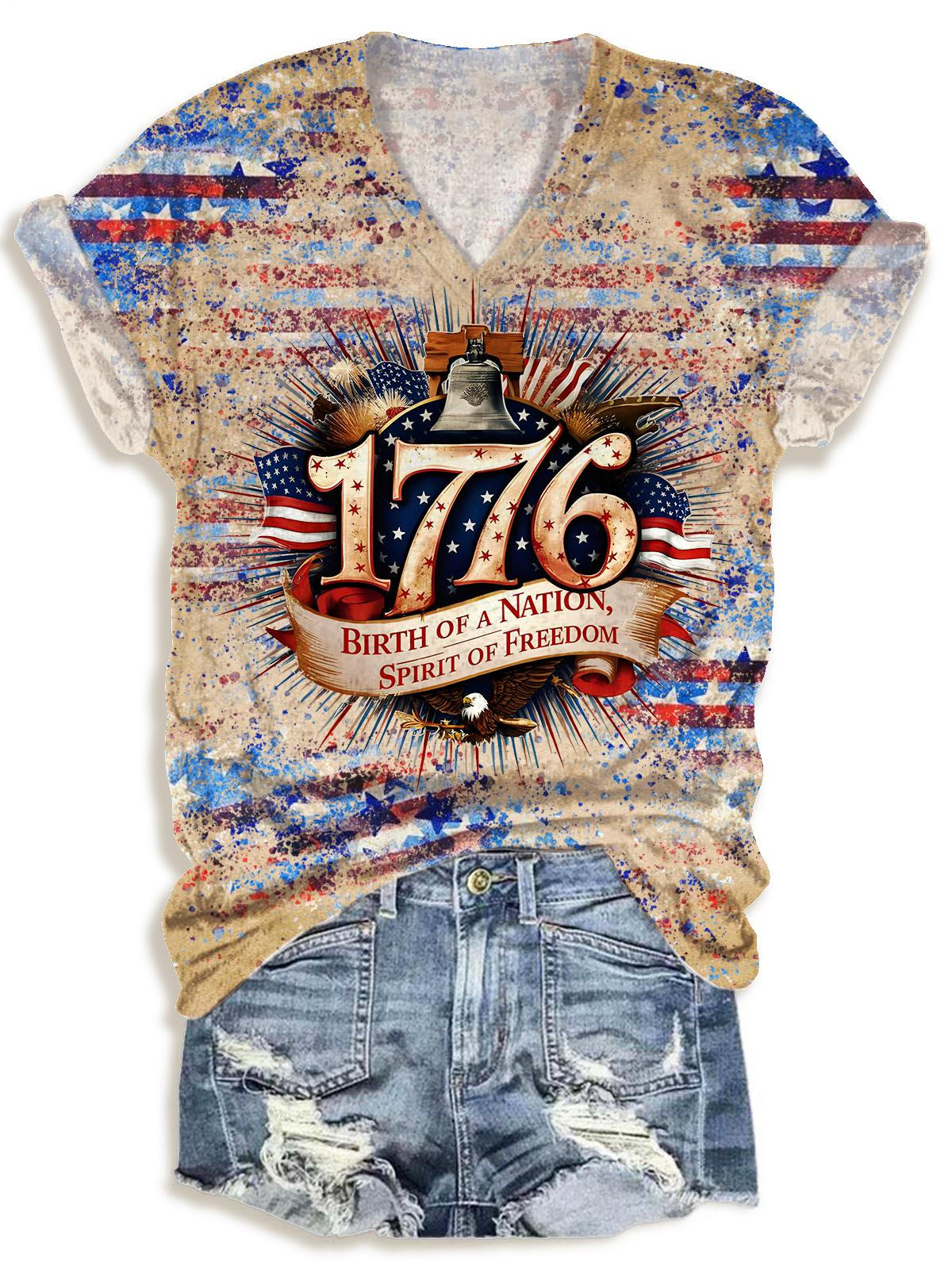 Vintage Independence Day 1776 Flag Print V-neck T-Shirt