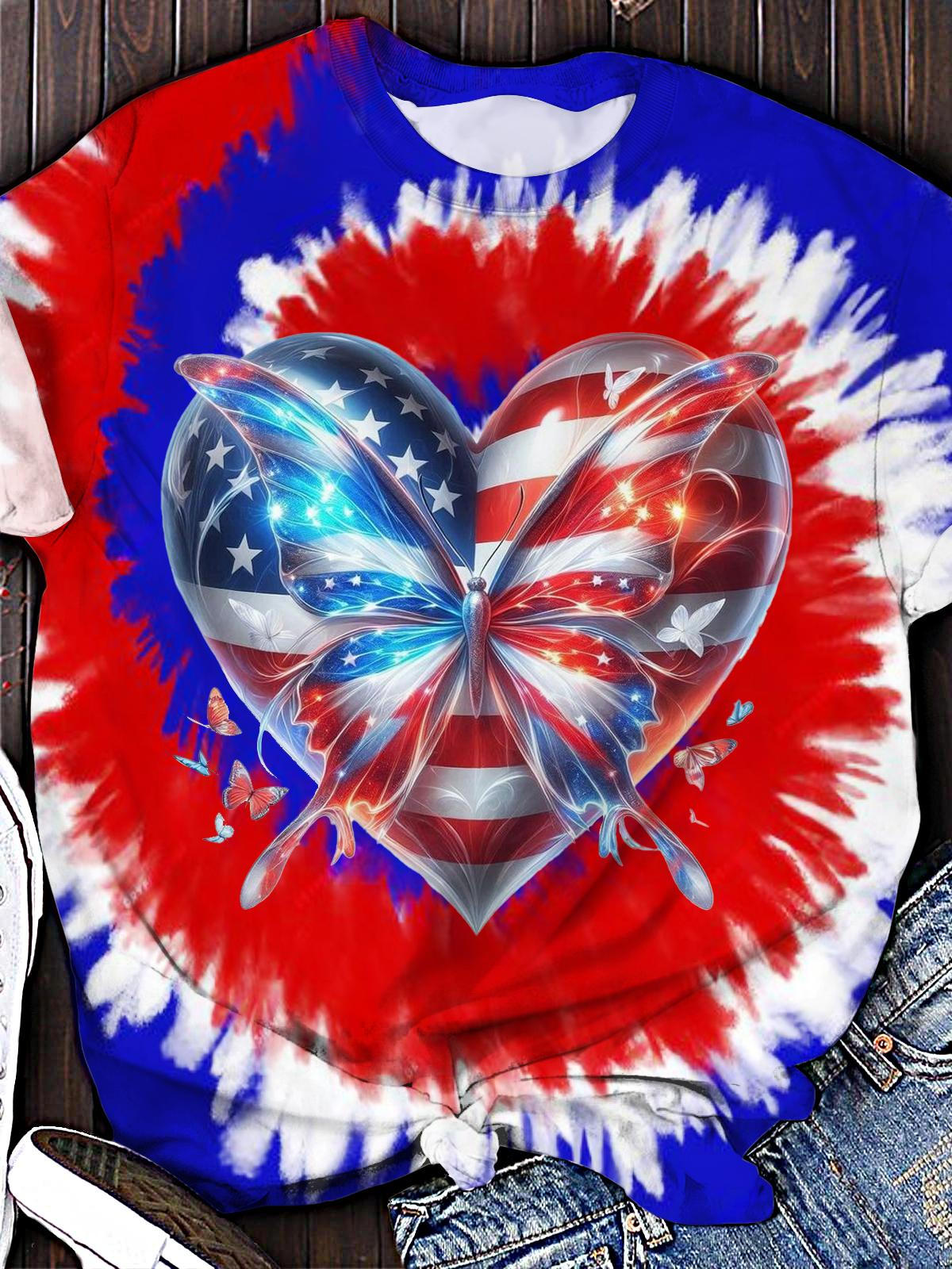 Patriotic Butterfly Printed Crew Neck T-shirt