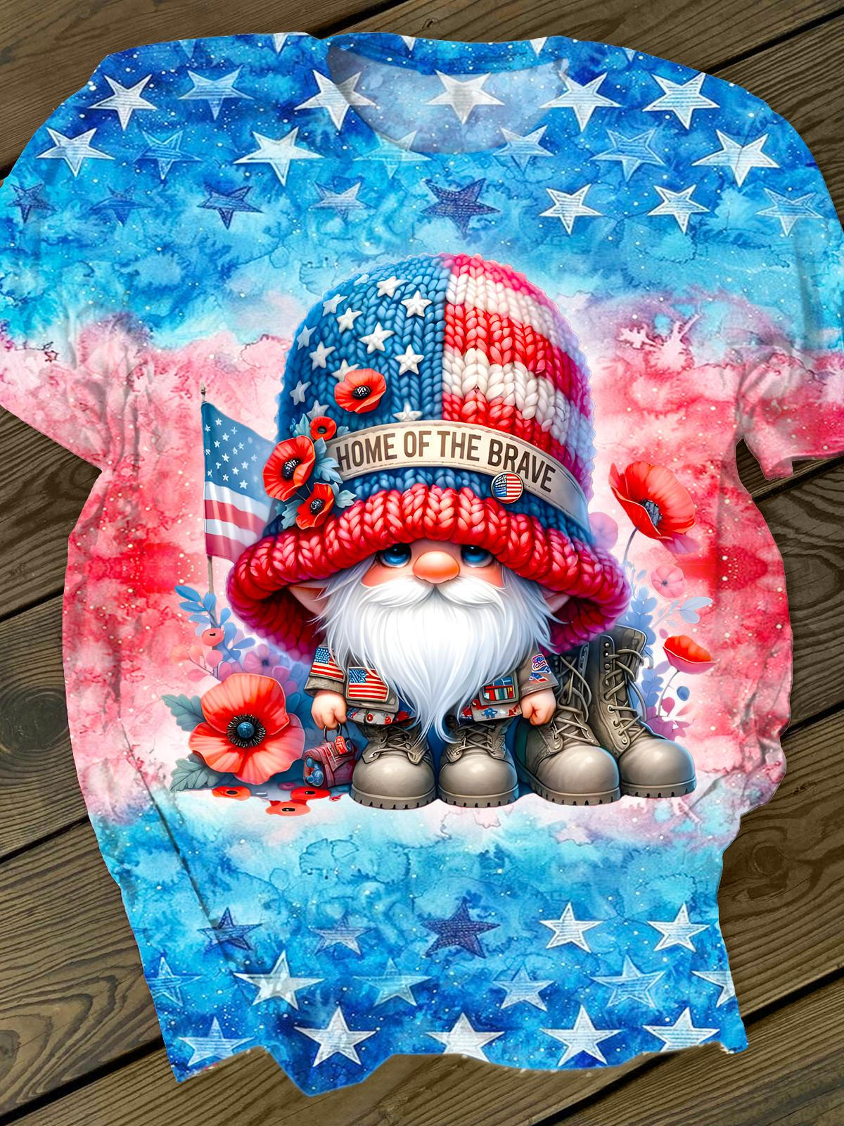 Independence Day Tie-Dye Cute Gnome Printed Crew Neck T-shirt