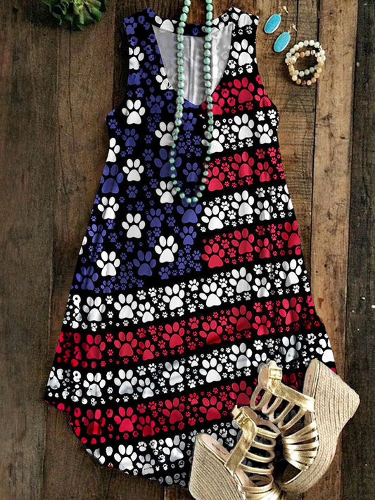 Vintage Independence Day Flag Dog Paw Print Sleeveless V Neck Dress