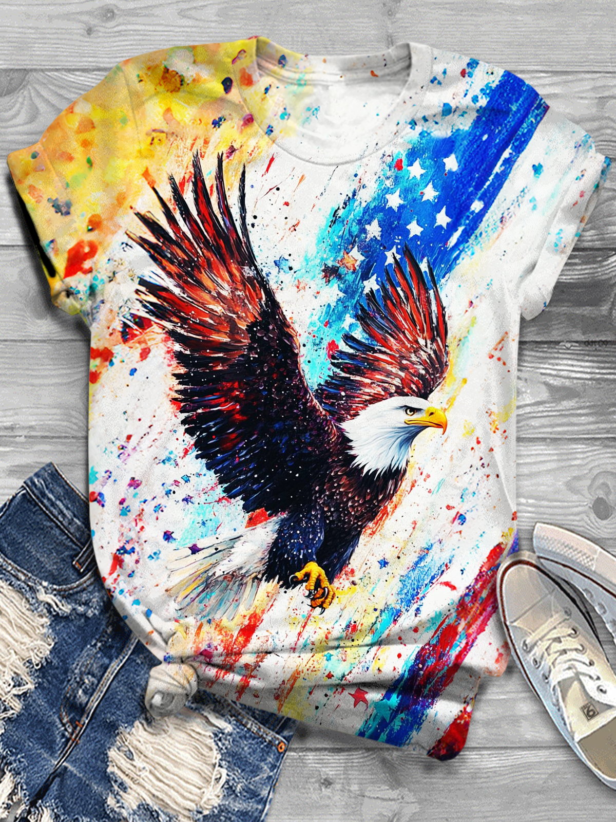 Patriotic Flag Bald Eagle Crew Neck T-shirt