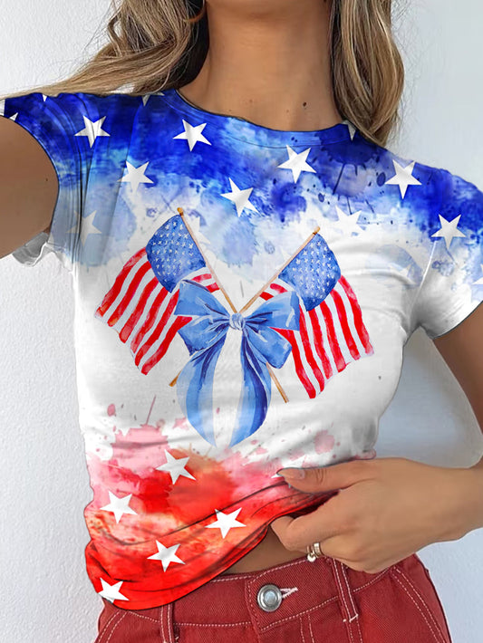 Retro Independence Day Stars And Stripes Printed Casual Short Sleeve T-Shirt