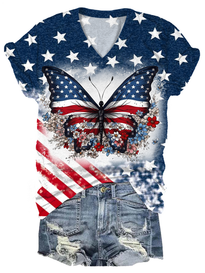Butterfly In Patriotic Colors Graphics For Printing V-neck T-Shirt