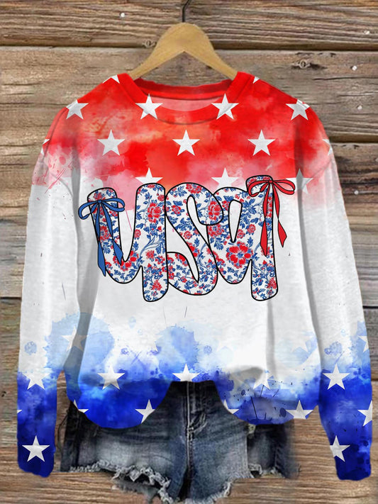Floral Coquette USA Printed Long Sleeve Casual Top