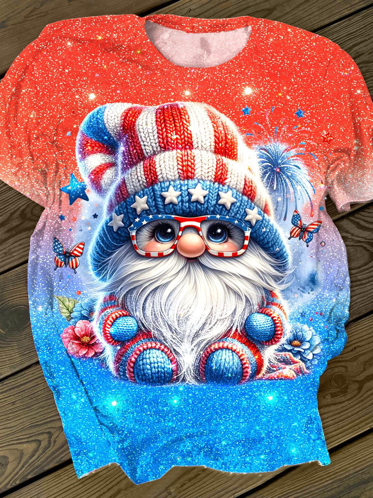 Vintage Sequined Independence Day Gnome Crew Neck T-shirt
