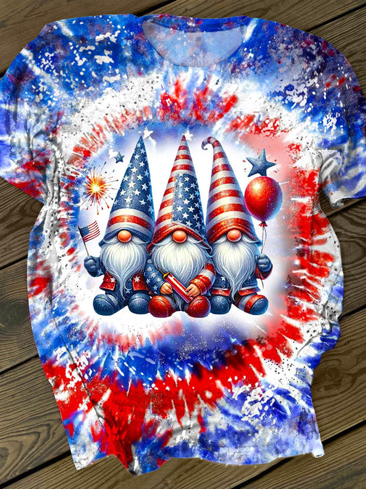 Vintage Independence Day Flag Gnome Print Crew Neck T-shirt