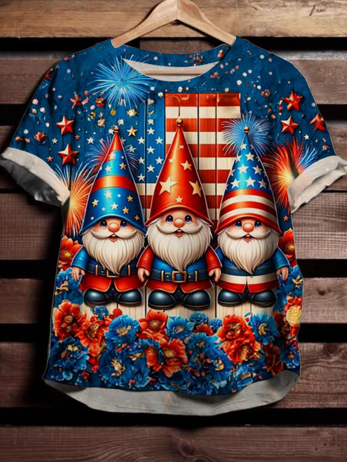 USA Floral Gnomes Crew Neck T-shirt