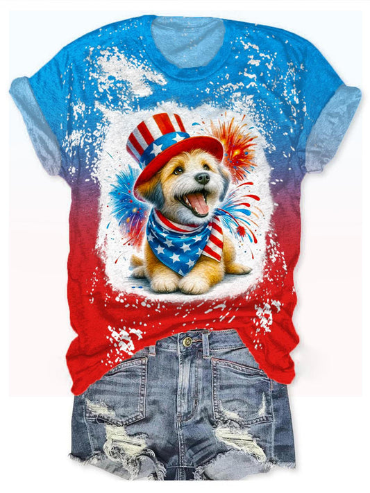Retro Colorblock Independence Day Flag Puppy Print Crew Neck T-shirt