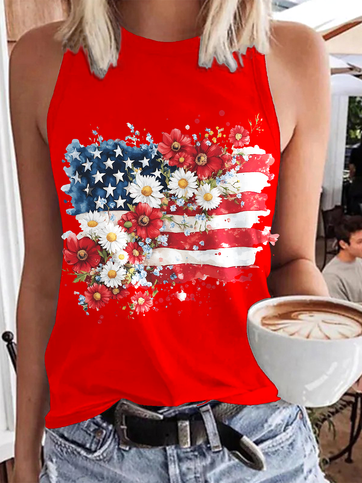 Floral American Flag Crew Neck Sleeveless Tank Top