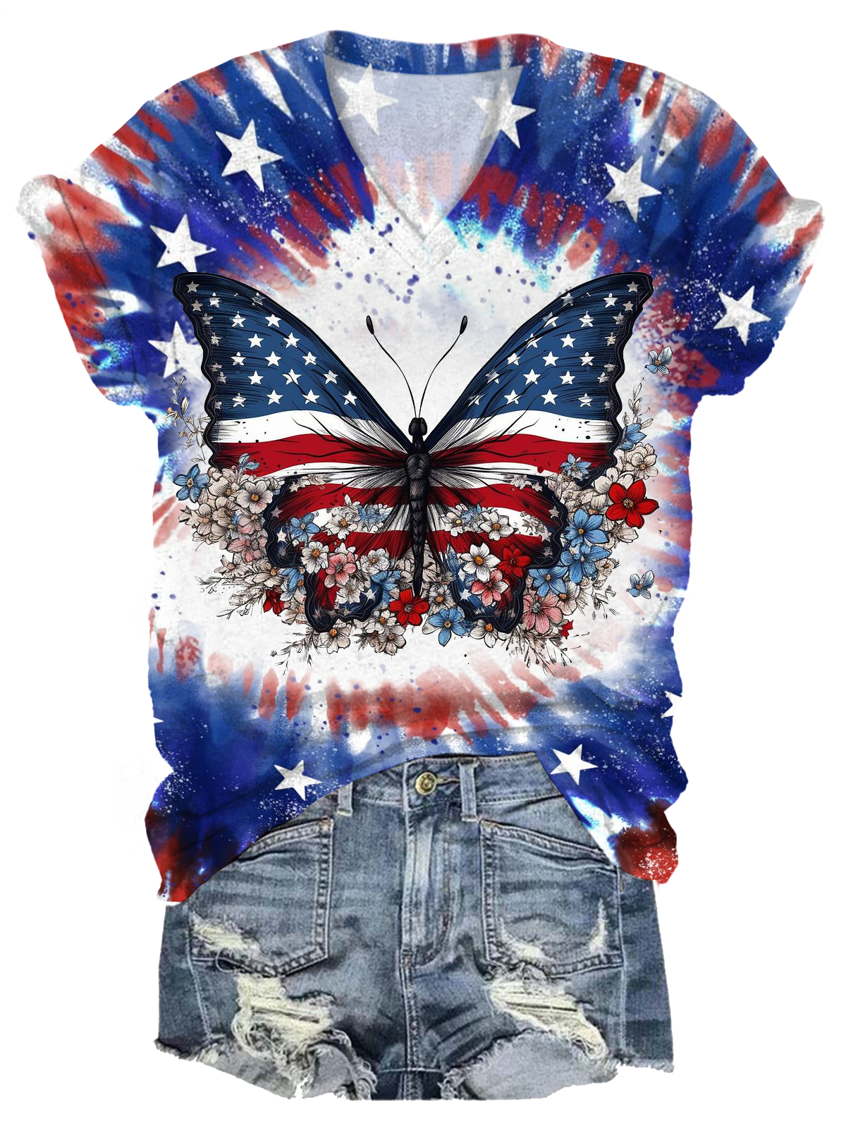 Butterfly In Patriotic Colors Graphics For Printing V-neck T-Shirt