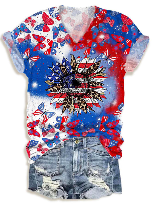 Vintage Independence Day Flag Sunflower Print V-neck T-Shirt
