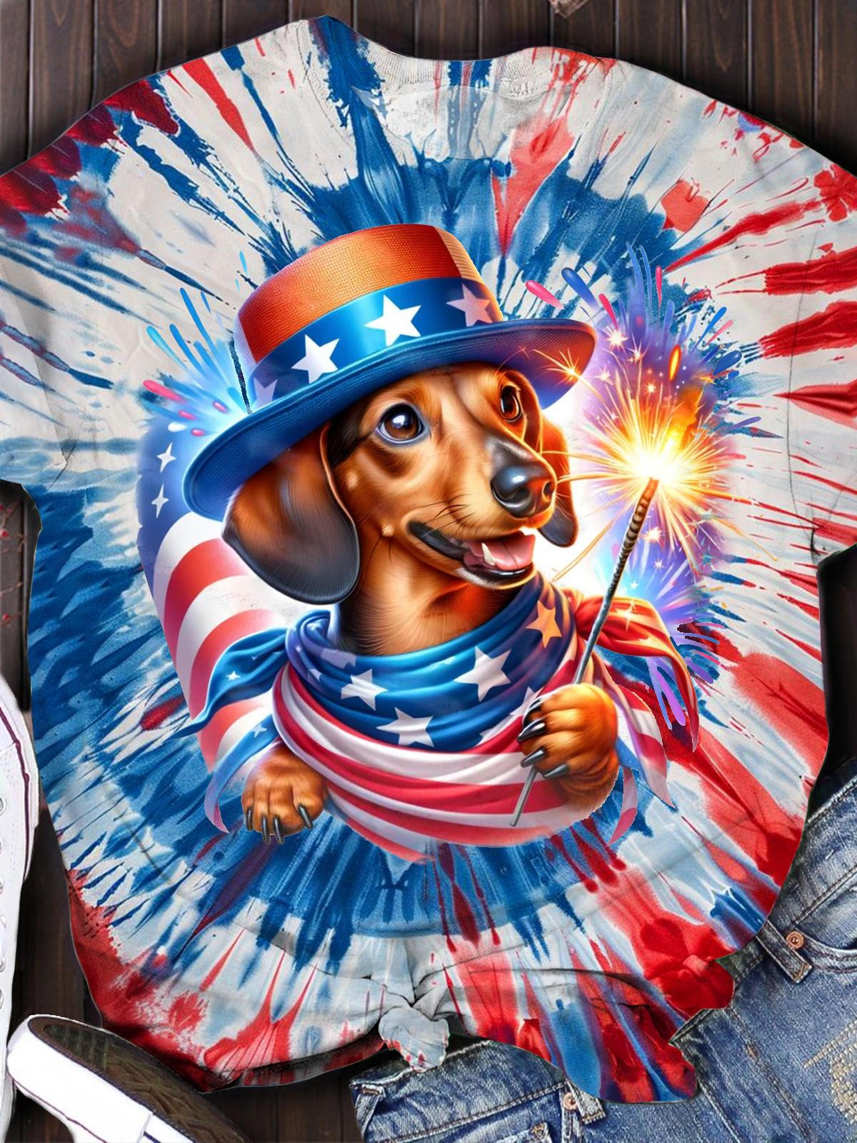 Dachshund Dog 4th of July Crew Patriotic Neck T-shirts
