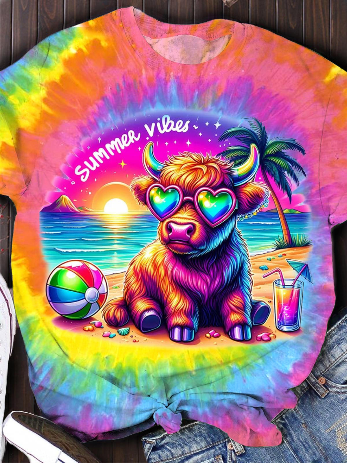 Summer Vibes Highland Cow Summer Crew Neck T-shirt