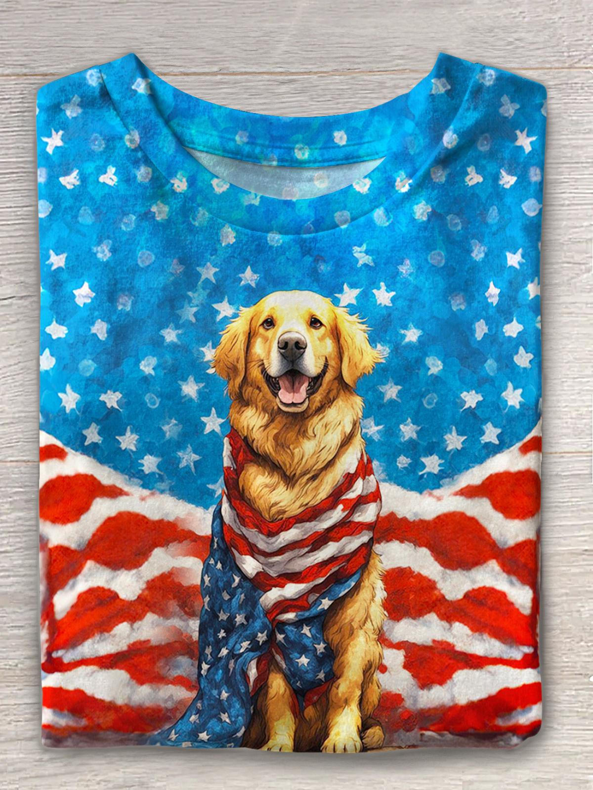 Independence Day Flag Puppy Print Crew Neck T-shirt