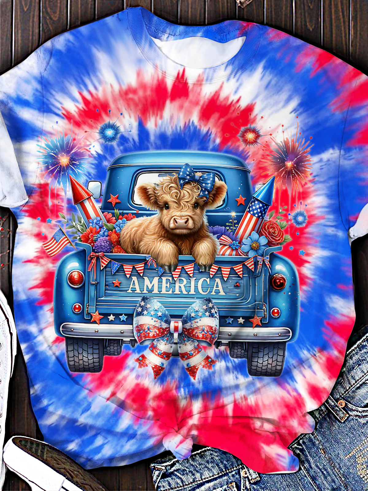 Patriotic 4th Of July Highland Cow Crew Neck T-shirt