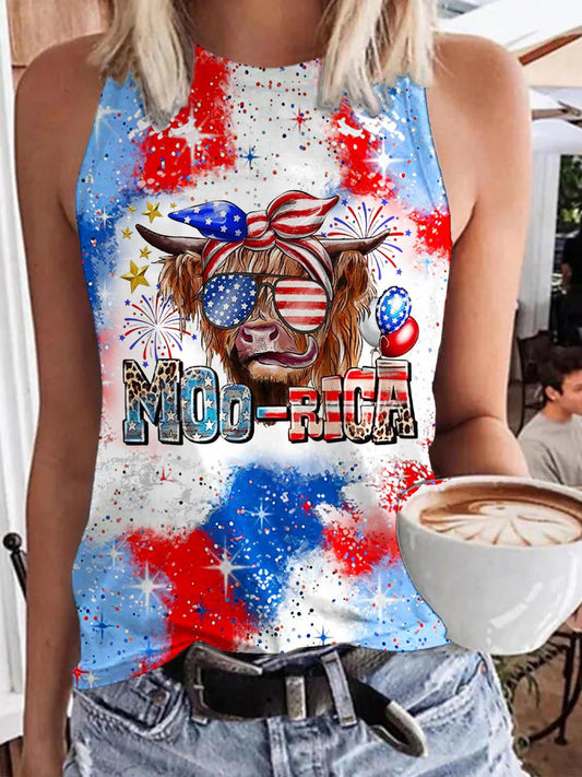 Independence Day Flag Highland Cow Print Casual Sleeveless Top