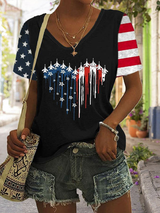 Independence Day Love Flag V-Neck Short Sleeve T-Shirt