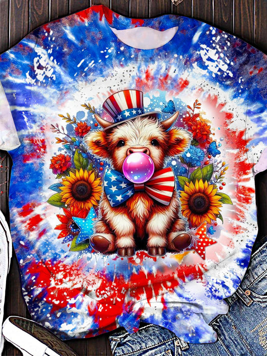 Cute Highland Cow Sunflower Independence Day Crew Neck T-shirt