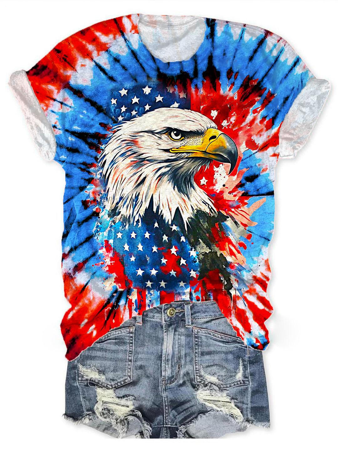 Independence Day Retro Eagle Printed Crew Neck T-shirt
