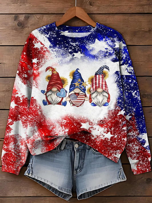 Flag Independence Day Gnome Print Long Sleeve Casual Top
