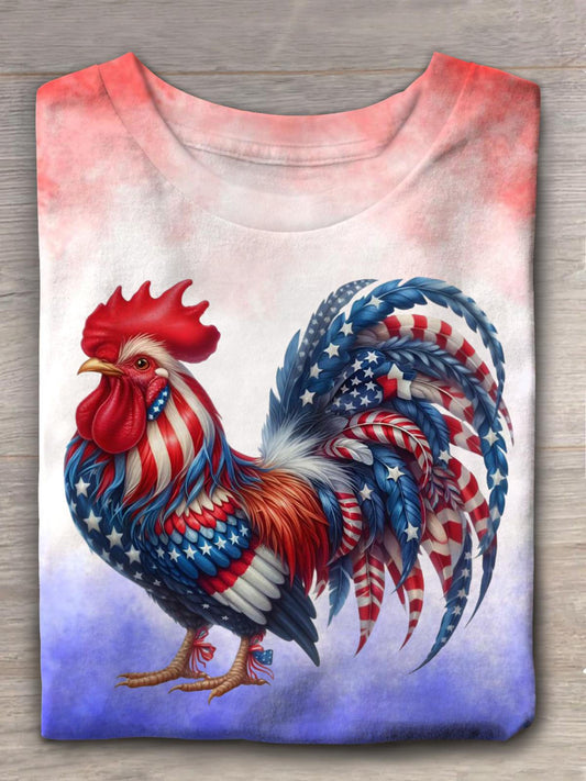 Star Stripe Rooster USA Flag Crew Neck T-shirt