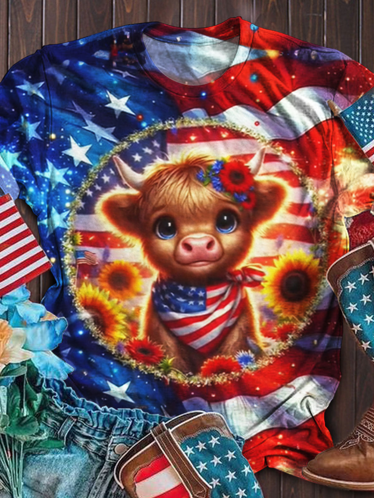 American Flag Highland Cow Print Casual Short Sleeve Top