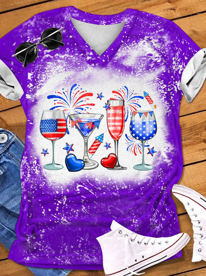 4th Of July Wine Glasses Print V-Neck T-Shirt