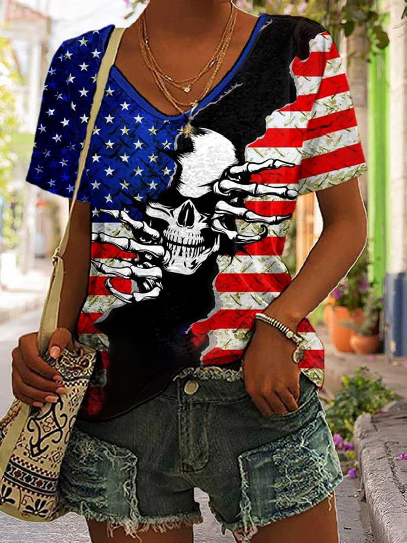 Flag Skull V-Neck Short Sleeve T-Shirt