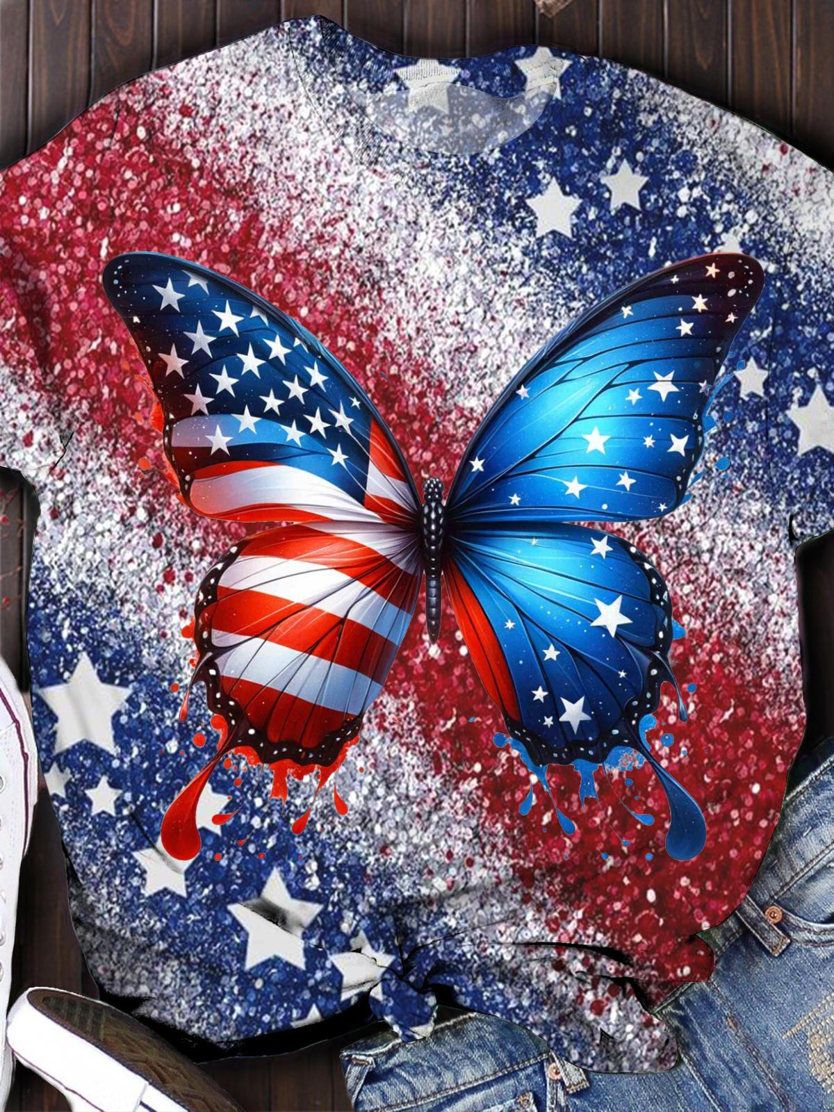 American Flag Butterfly Crew Neck T-shirt