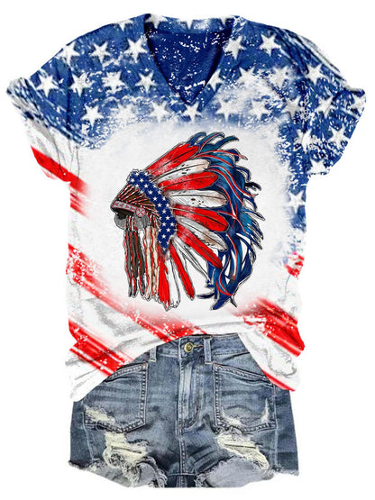 Star Stripe Native American Headwear Tie Dye V Neck T-Shirt