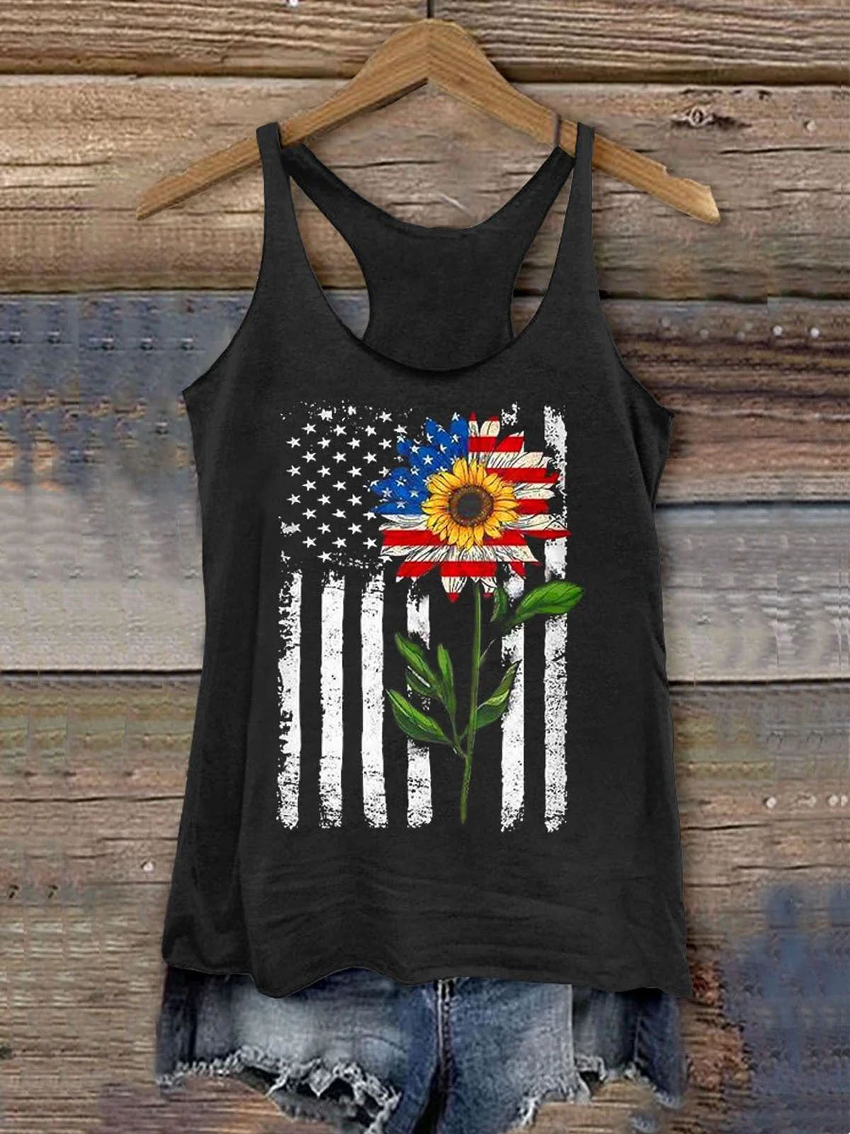 Women's Sunflower Flag Print Crew Neck All Over Printed Tank Top