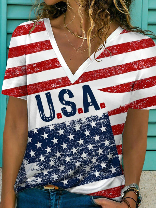 U.S.A. Star Stripe Print V-Neck Short Sleeve T-Shirt