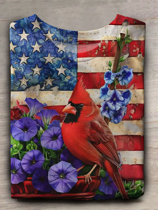 Independence Day Red Bird Print Casual Short Sleeve Top