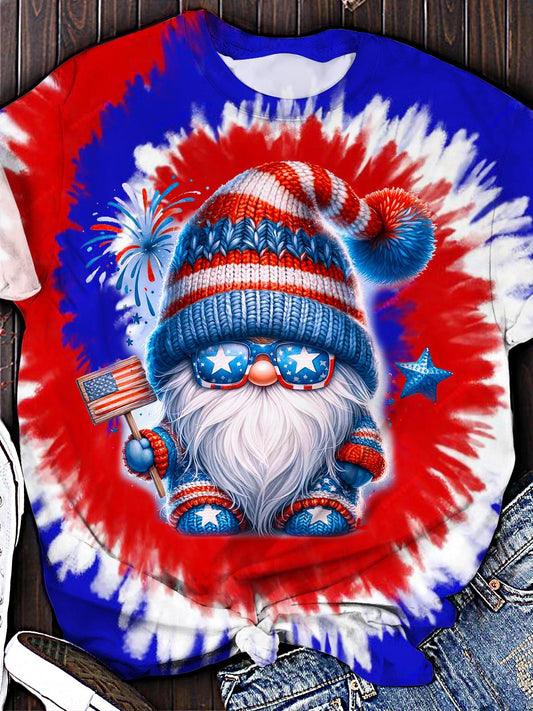 Independence Day Flag Gnome Printed Crew Neck T-shirt