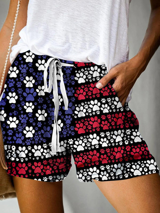 Vintage Independence Day Flag Dog Paw Print Casual Shorts