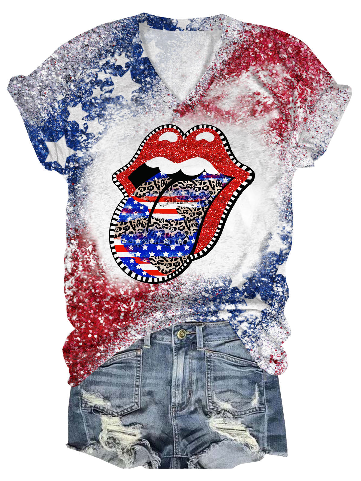 American Flag Lips Print V-Neck Short Sleeve T-Shirt