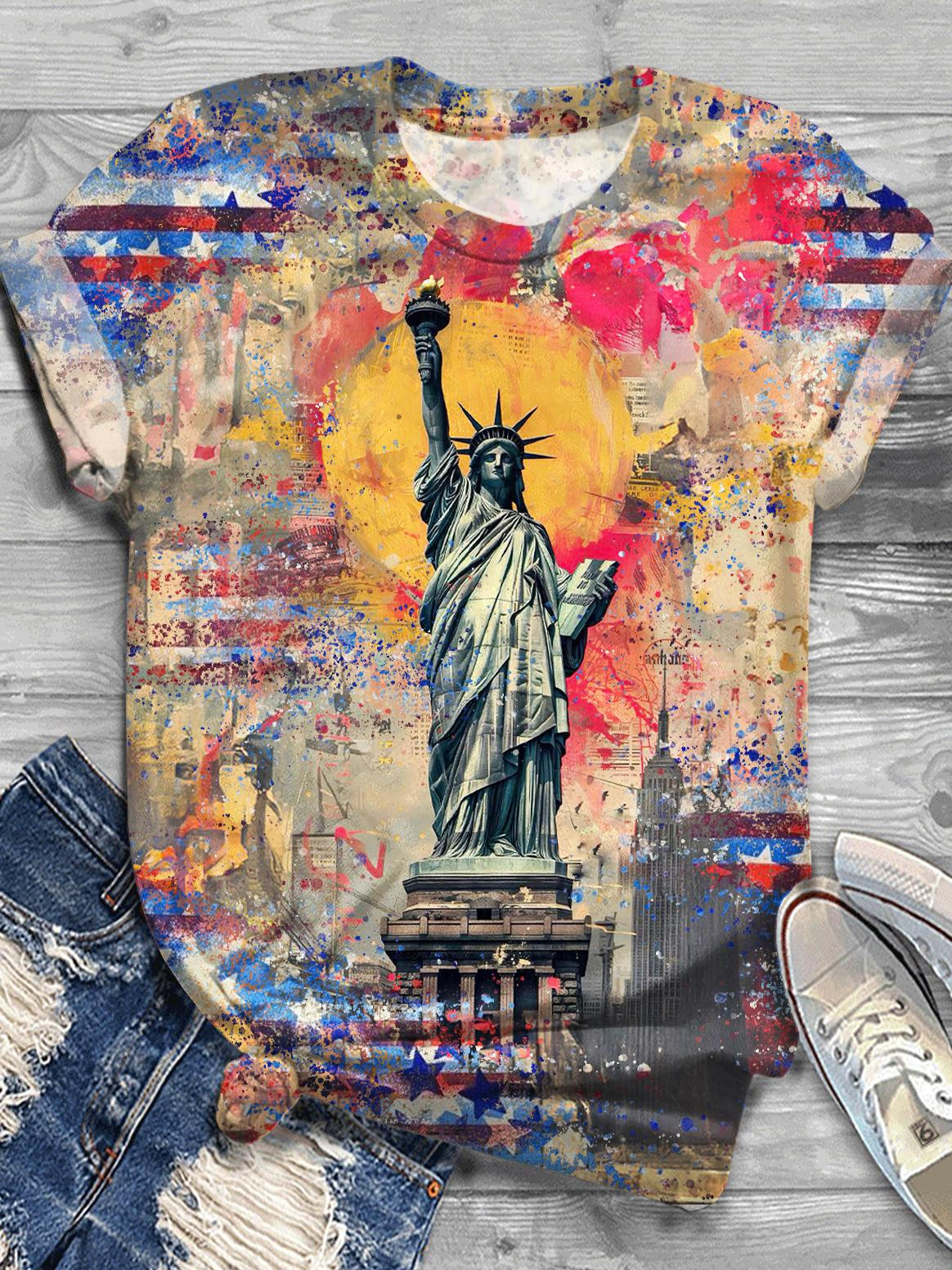 Vintage Liberty Flag Print Crew Neck T-shirt