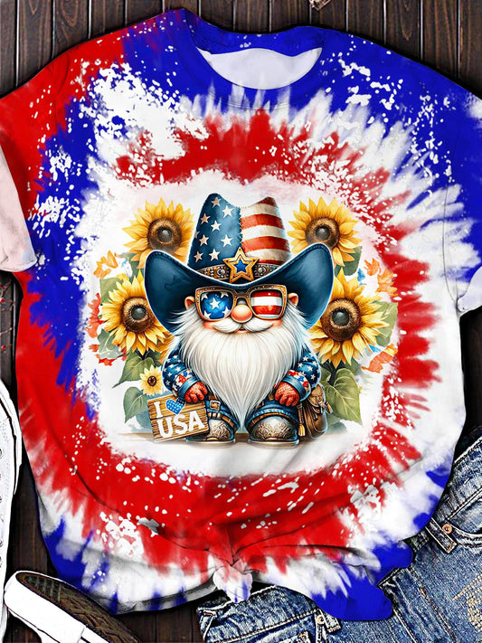 Independence Day Sunflower Gnome Printed Crew Neck T-shirt