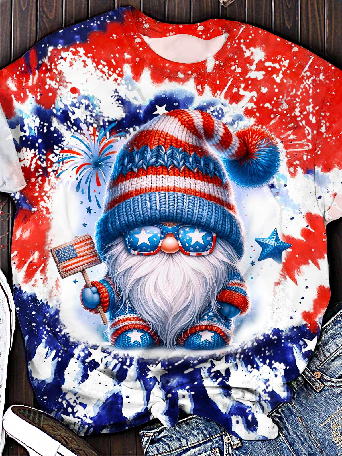 Independence Day Flag Gnome Printed Crew Neck T-shirt
