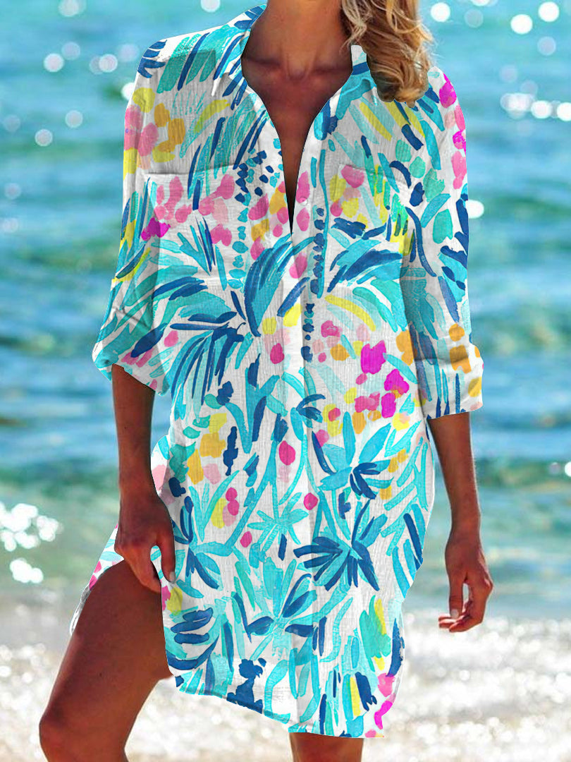 Colorful Floral Print Long Sleeve Beach Shirt Dress