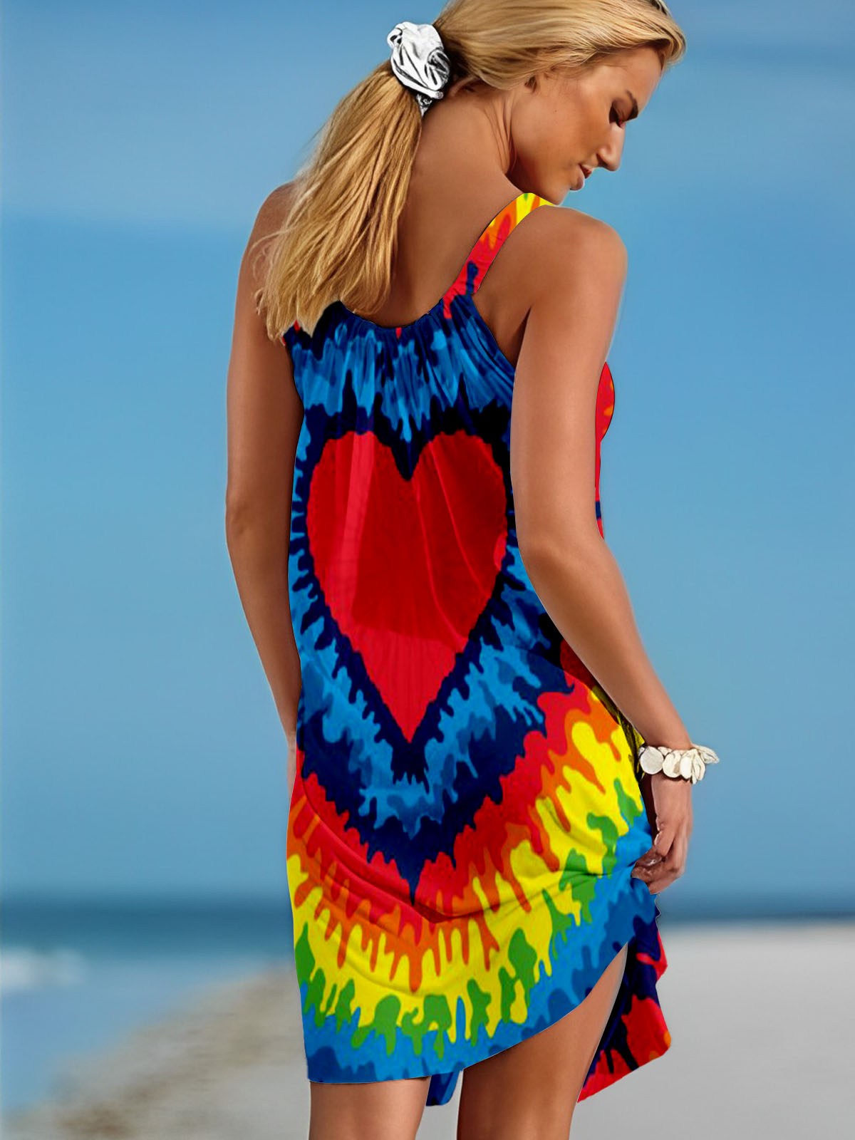Heart Color Tie Dye Print Sleeveless Dress