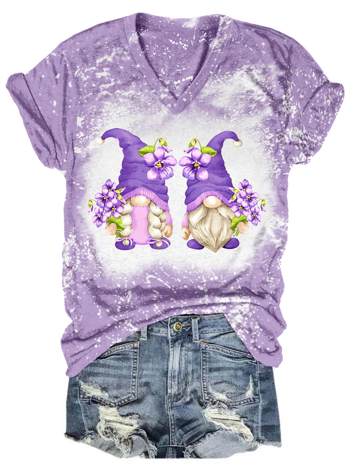 Violet Flower Gnomes Tie Dye V Neck T-shirt