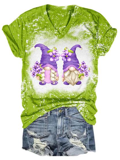 Violet Flower Gnomes Tie Dye V Neck T-shirt