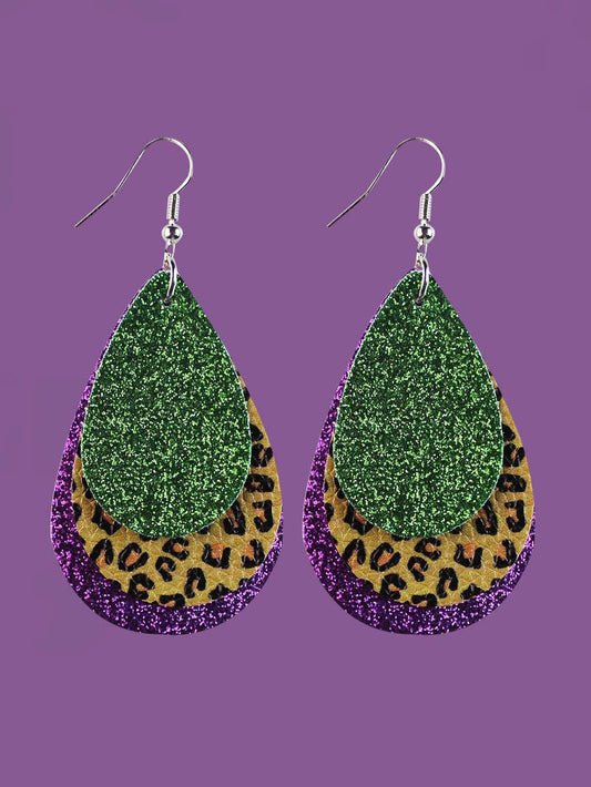 Green Leopard Purple Glitter Earrings