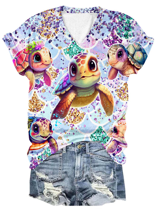 Glitter Turtle Print V Neck T-Shirt