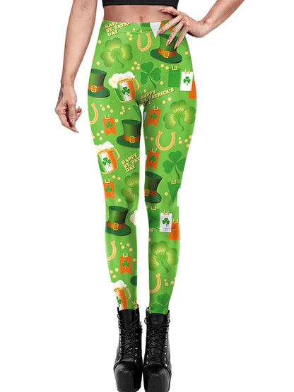 Ladies St. Patrick's Day Lucky Clover Print Stretch Leggings