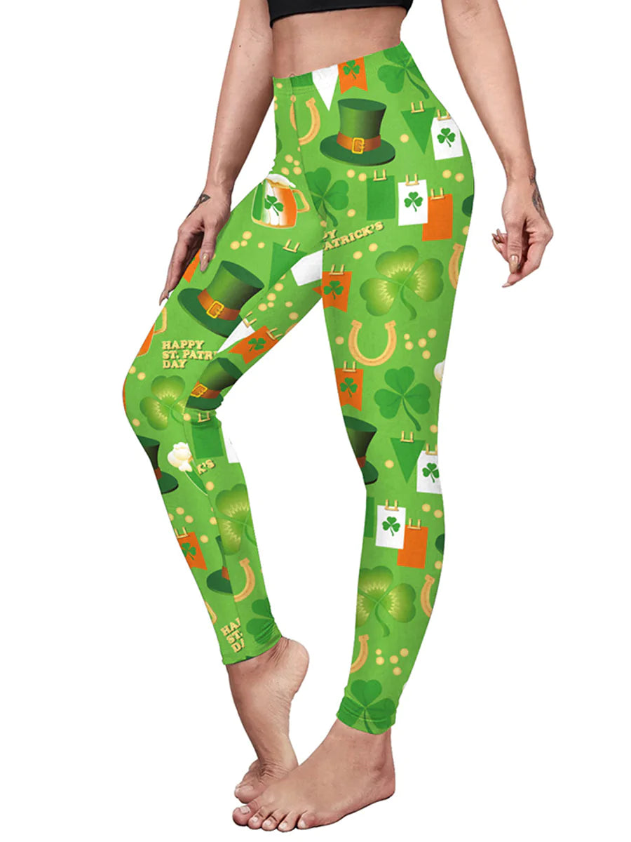 Ladies St. Patrick's Day Lucky Clover Print Stretch Leggings