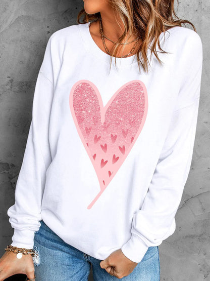 Pink Heart Pattern Round Neck Straight Casual Sweatshirt