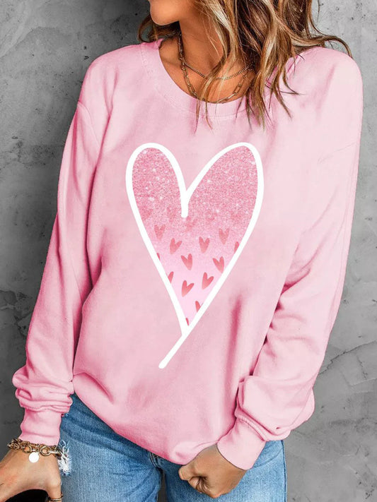 Pink Heart Pattern Round Neck Straight Casual Sweatshirt